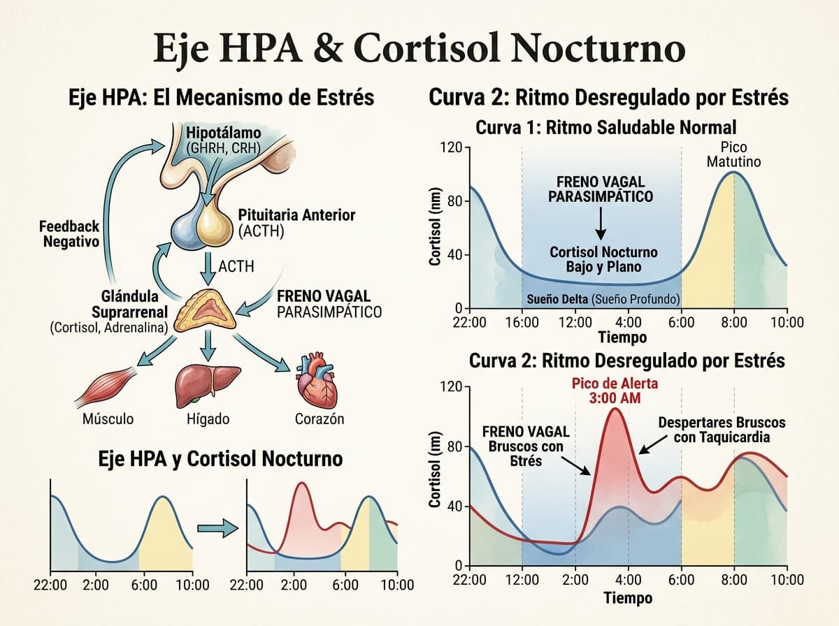 Diagrama neuroendocrino del eje hipotálamo-hipófisis-adrenal y la curva de cortisol nocturno vs despertar repentino