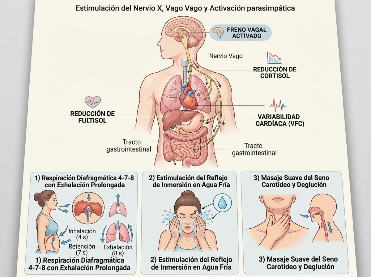 Diagrama anatómico de la estimulación del nervio vago y reducción de cortisol